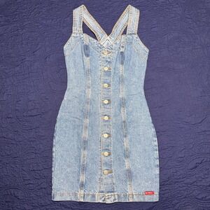 Vintage 90s Bongo Denim Button Front Bodycon Mini Dress Bratz Style XS 25 Waist